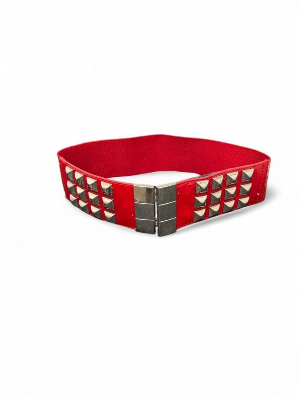 Red Studded Wide Waist Belt S/M Y2K Punk Goth Rock Pyramid Stud Stretch Belt